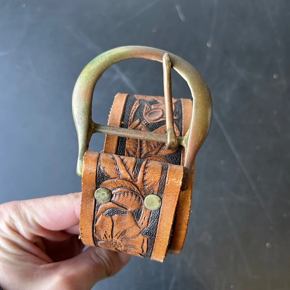 Vintage Richard Leather Belt Floral Buckle Western Cowboy Rustic Indie Americana